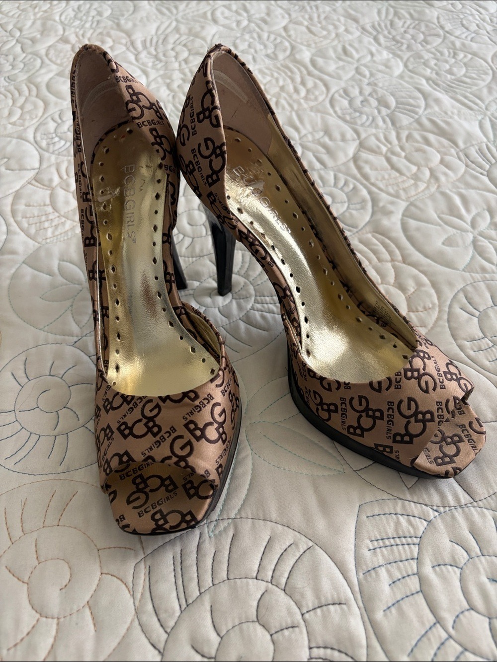 BCBGirls Monogram Peep Toe Stiletto Heels Size 7.5